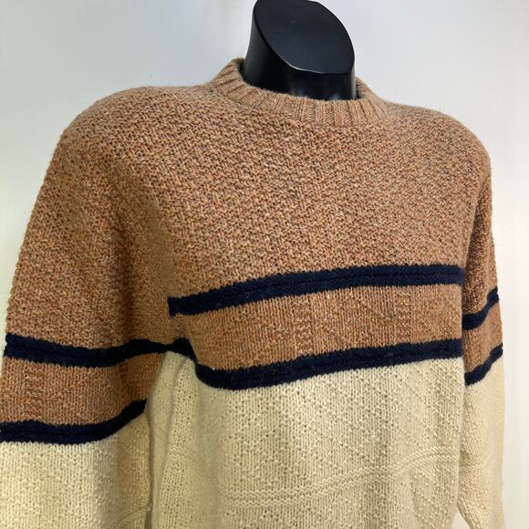 Vintage Shetland Wool Crewneck Sweater Striped Tan Ivory Fisherman - Picture 2 of 6